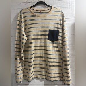 Ruff Hewn Indigo Striped Long Sleeve Shirt Tan Blue Pocket Men’s Large